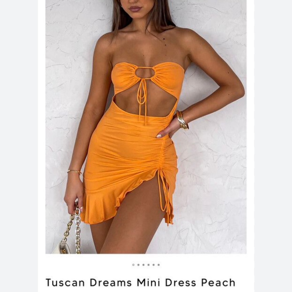 White Fox Orange Ruched Ruffled Bodycon Mini Dress
